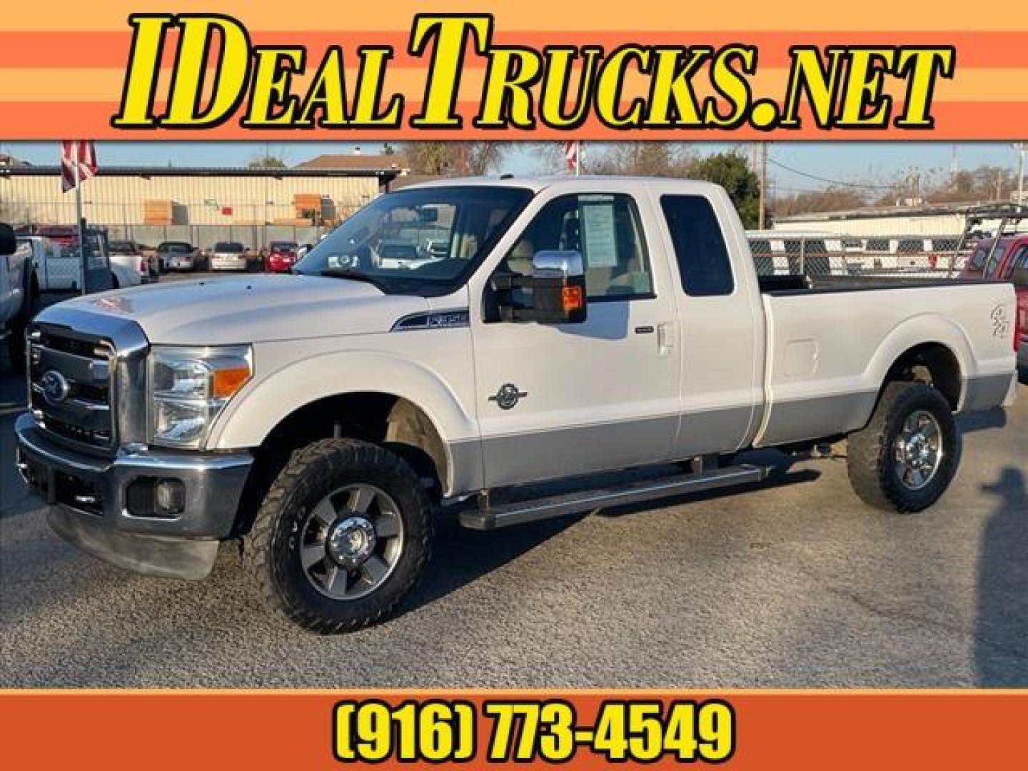 2011 Oxford White/Sterling Grey Ford F-350 Super Duty Lariat (1FT8X3BT9BE) with an 6.7L Power Stroke 6.7L Biodiesel Turbo V8 400hp 800ft. lbs. Common Rail Direct Injection engine, 6-Speed Shiftable Automatic transmission, located at 800 Riverside Ave, Roseville, CA, 95678, 916-773-4549 & Toll Free: 866-719-4393, 38.732265, -121.291039 - DIESEL SUPER CAB 4X4 LARIAT ONE OWNER SERVICE RECORDS ON CLEAN CARFAX - Photo#0